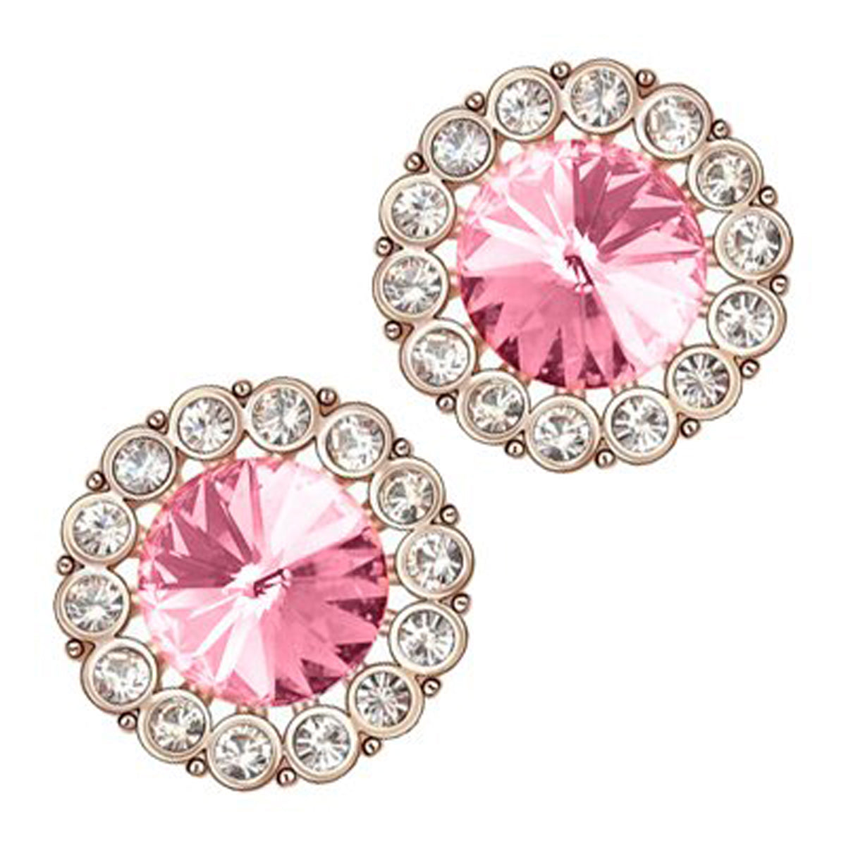 18K Rose Gold Coated Fashion Round Stud Earrings Stone Surrounded with Clear Pave Set Crystal Elements