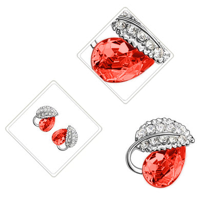 18K White Gold Coated Fashion Stud Earrings with Teardrop Crystal Wrapped in Clear Pave Set Crystal Elements Leaf
