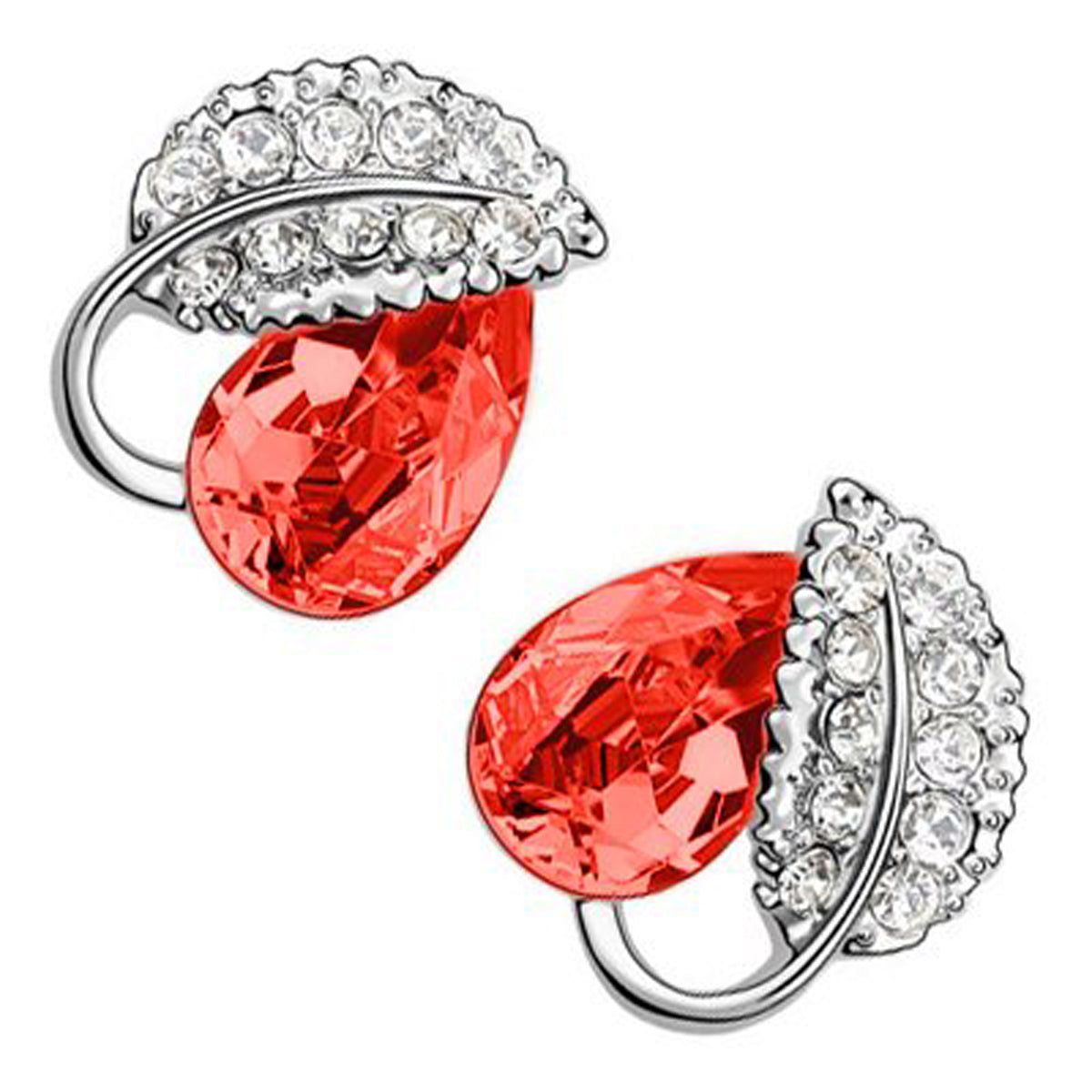 18K White Gold Coated Fashion Stud Earrings with Teardrop Crystal Wrapped in Clear Pave Set Crystal Elements Leaf