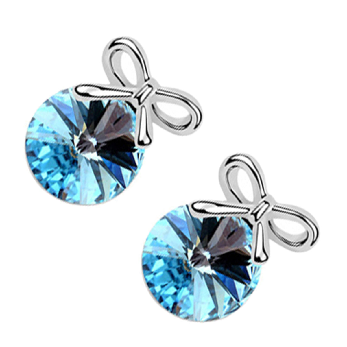 18K White Gold Coated Stud Earrings Round Stone with Bowknot