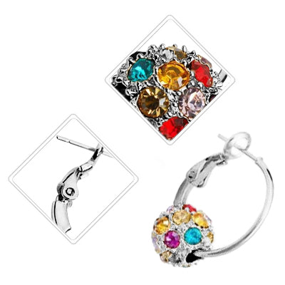 18K White Gold Coated, Coloured Crystal Ball with Pave Set Elements, Fashion Round Hoop Earrings, 25mm Diameter