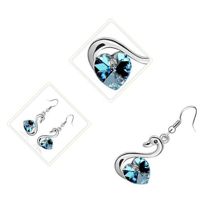 18K White Gold Coated, Swan with Coloured Love Heart Crystal Element Wings, Fashion Dangle Drop Earrings, 41mm X 15mm