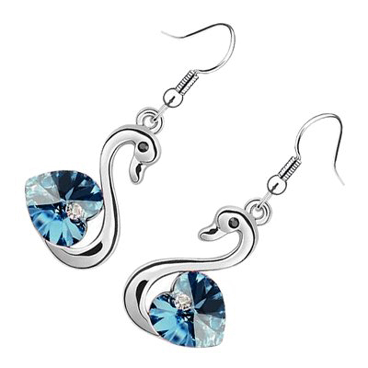 18K White Gold Coated, Swan with Coloured Love Heart Crystal Element Wings, Fashion Dangle Drop Earrings, 41mm X 15mm