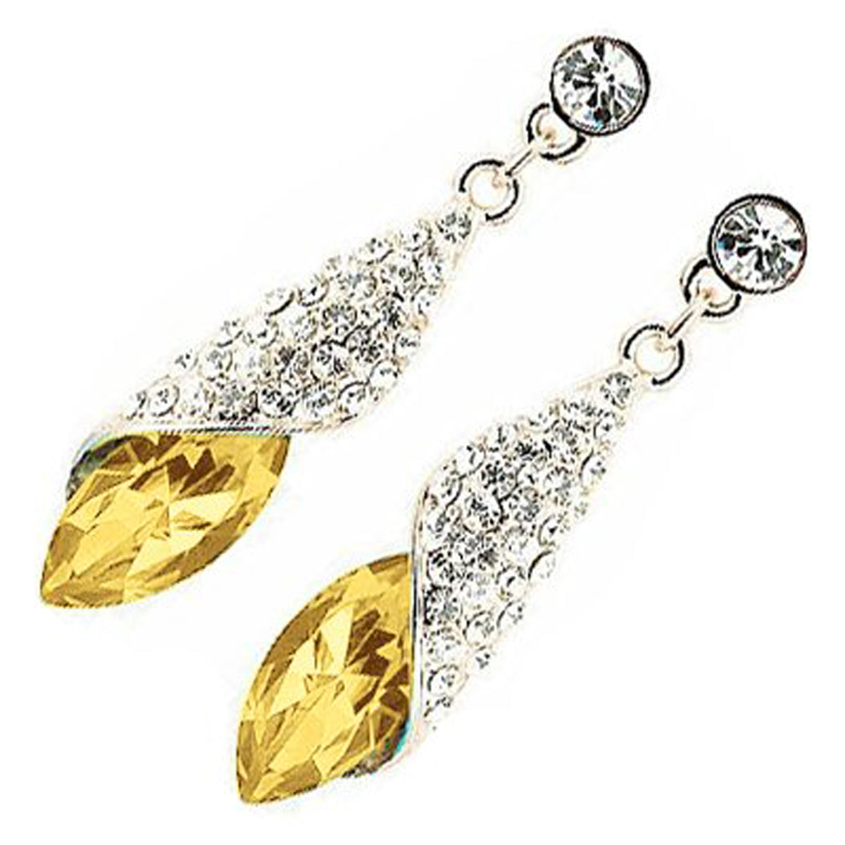 18K White Gold Coated Fashion Dangle Drop Stud Earrings with Teardrop Crystal Surrounded by Clear Pave Set Elements
