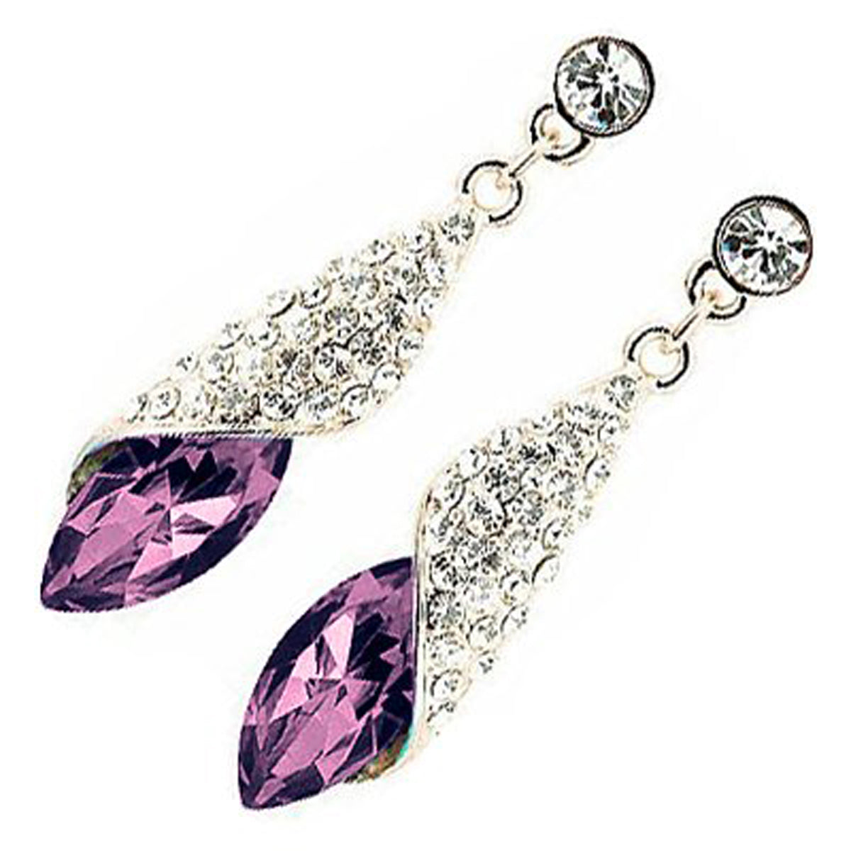 18K White Gold Coated Fashion Dangle Drop Stud Earrings with Teardrop Crystal Surrounded by Clear Pave Set Elements