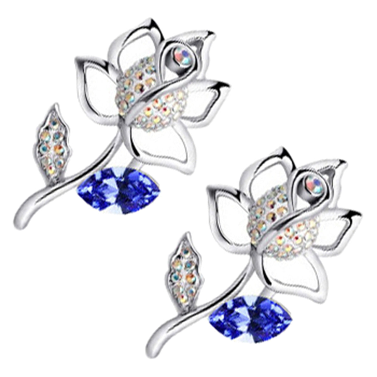 Sterling Silver Coated Rose Flower Stud Earrings with Leaves