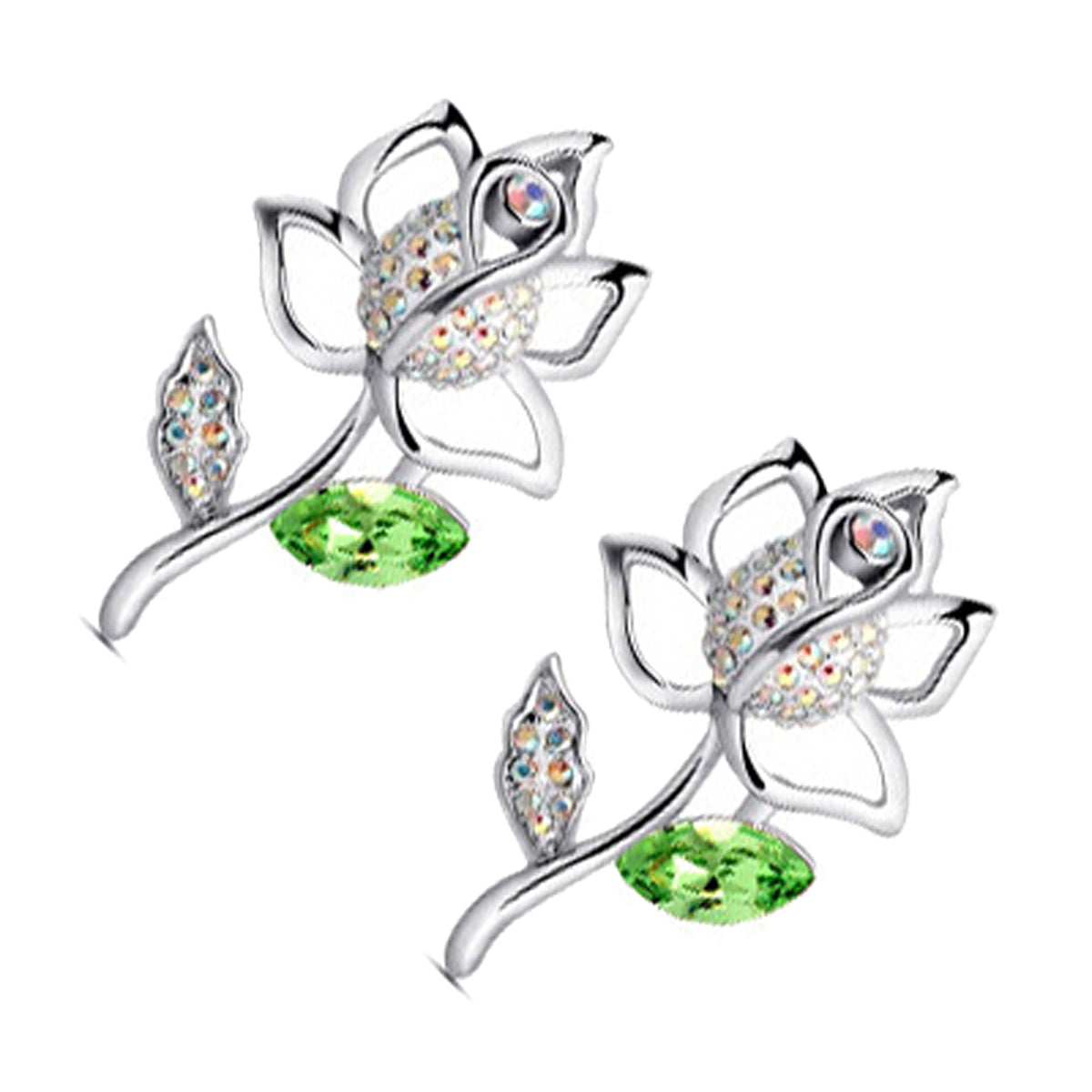Sterling Silver Coated Rose Flower Stud Earrings with Leaves