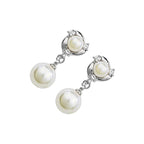 Precious Metal Coated Drop Stud Earrings 2 Faux White Freshwater Pearls with Clear Crystal Elements