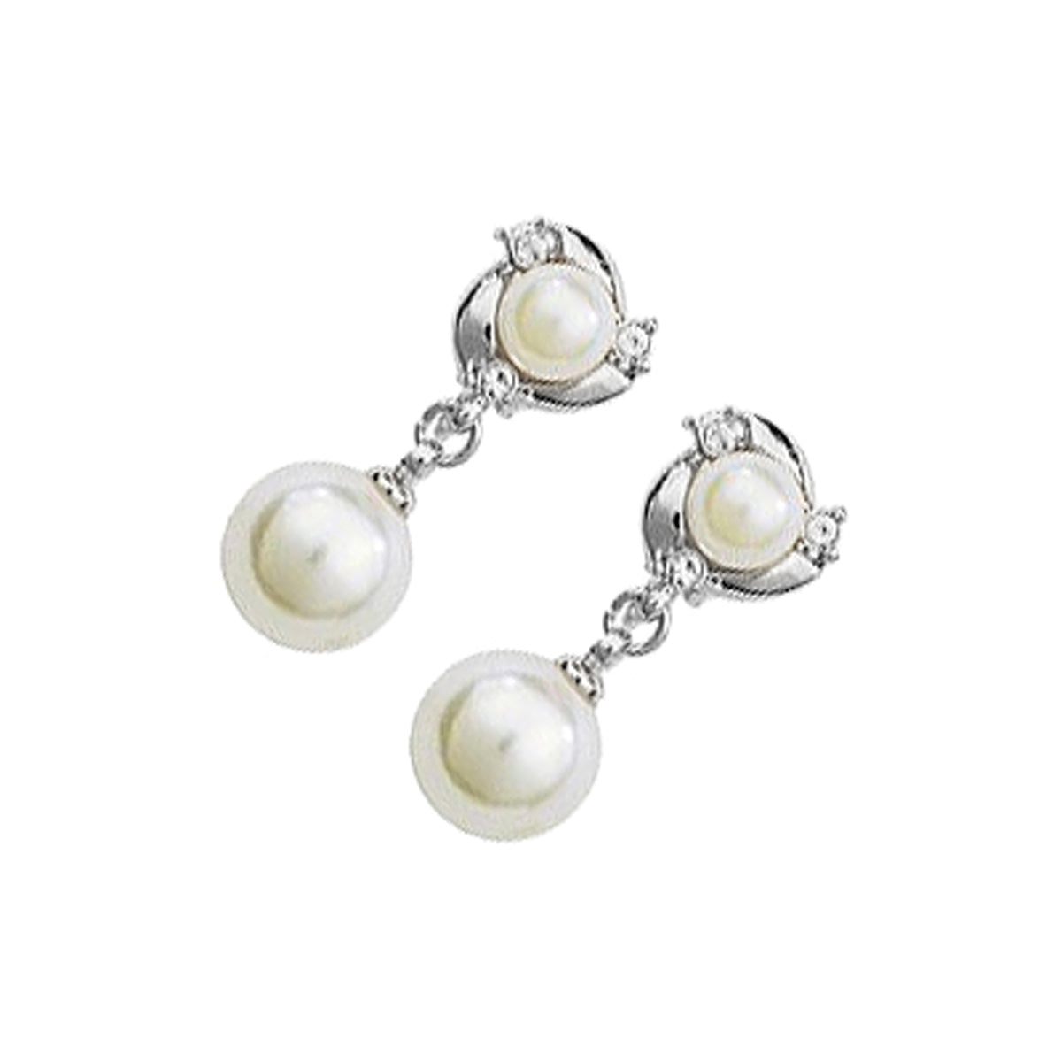 Precious Metal Coated Drop Stud Earrings 2 Faux White Freshwater Pearls with Clear Crystal Elements