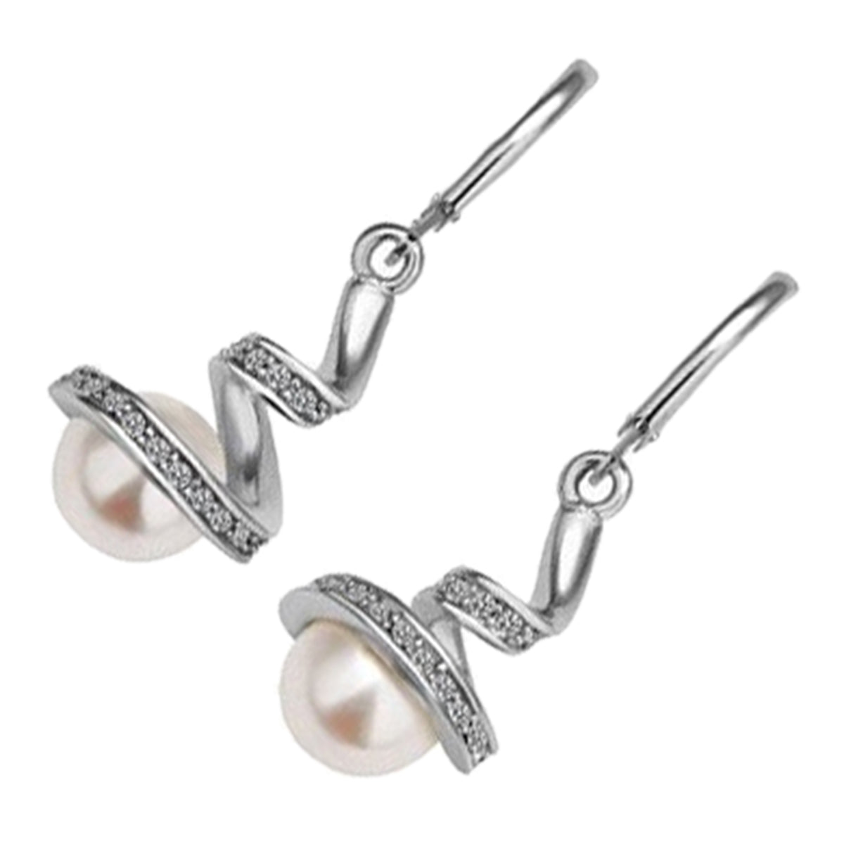 Precious Metal Coated Earrings White Round Pearl with Crystal Spiral Surround