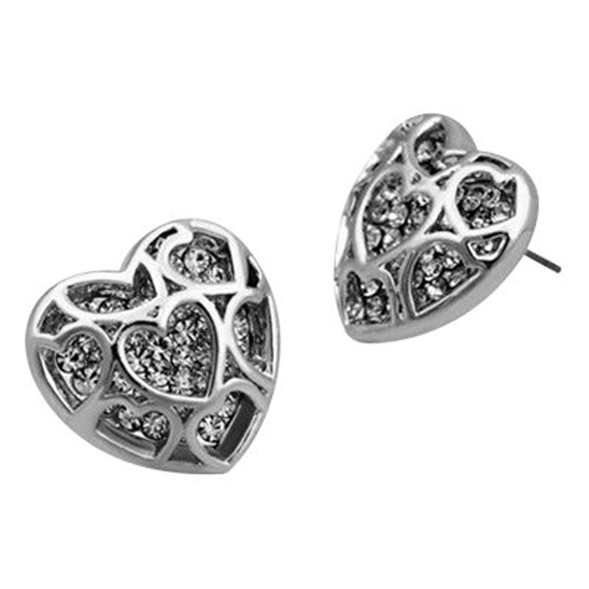 Precious Metal Coated Fashion Stud Earrings Love Heart Adorned with Multiple Clear Round Crystals