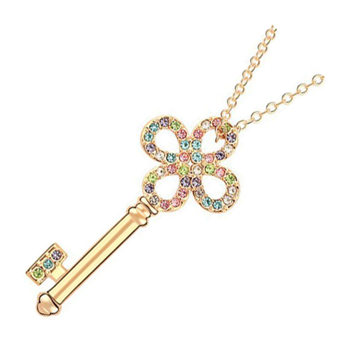 18K Yellow Gold Coated Key Pendant Necklace Round Crystal Stud Elements