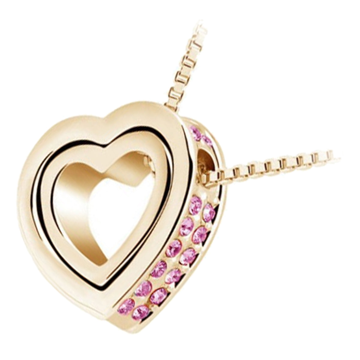 18K White and Yellow Gold Coated Pendant Necklace Double Heart with Multiple Round Crystal Stud Elements