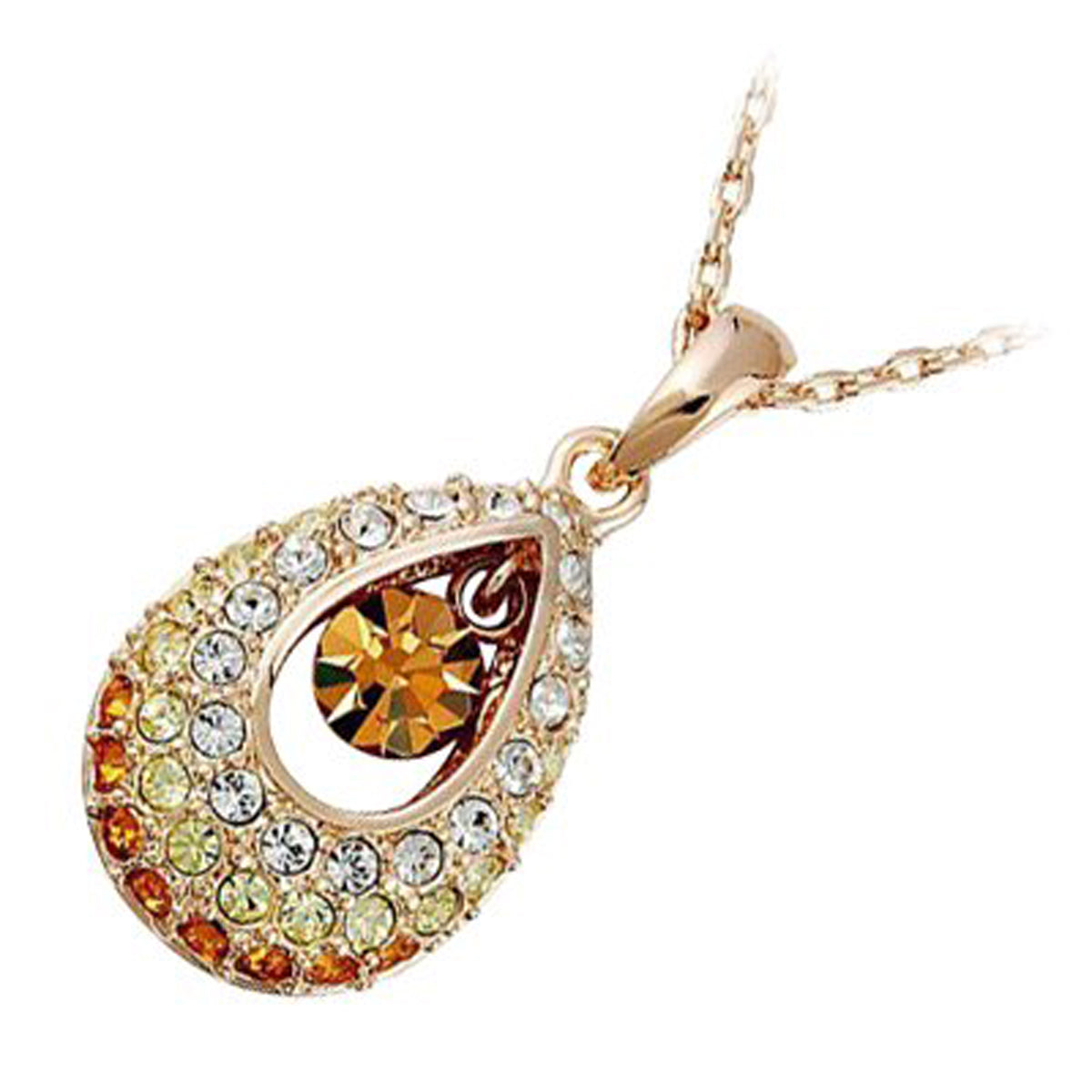 18K Yellow Gold Coated Princess Teardrop Pendant Necklace with Stone and Clear Crystal Elements
