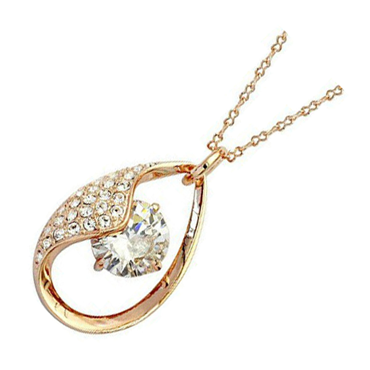 18K Rose Gold Coated Teardrop Necklace White CZ Diamond and Crystals