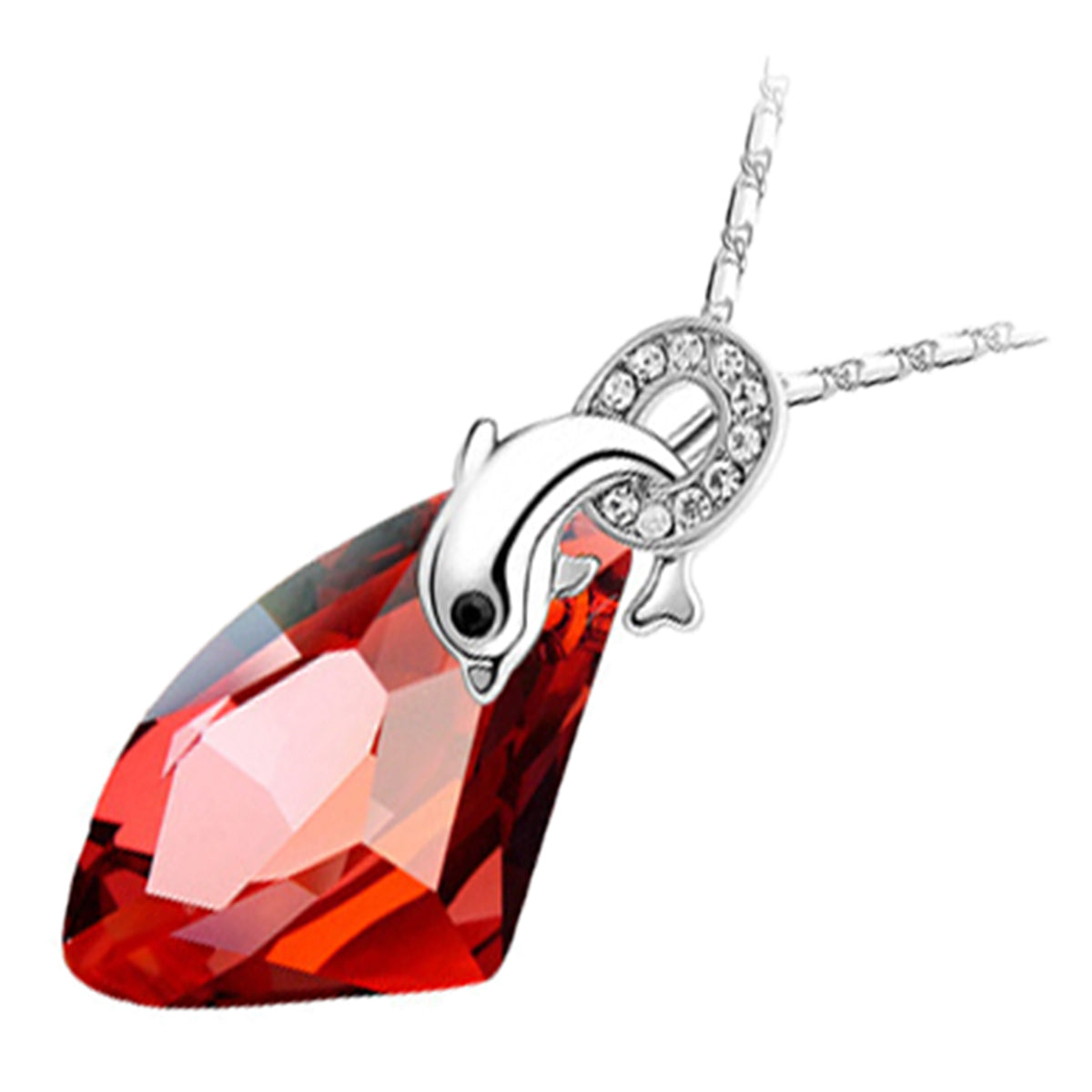 18K White Gold Coated Pendant Necklace Swim Along with the Dolphin Crystal Glass Element