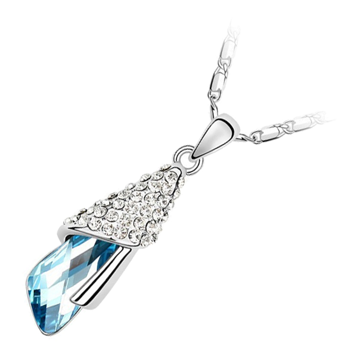 18K White Gold Coated Pendant Necklace Angel Teardrop with White Sparkling Studs