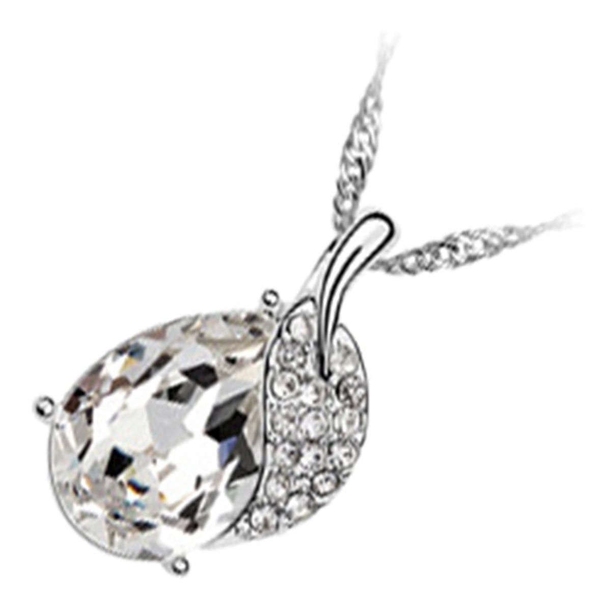 18K White Gold Coated Teardrop Leaf Necklace with Crystals