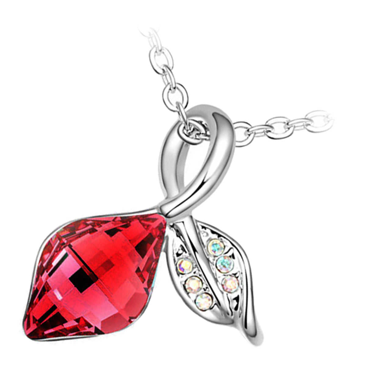18K White Gold Coated Leaf Necklace with Crystal