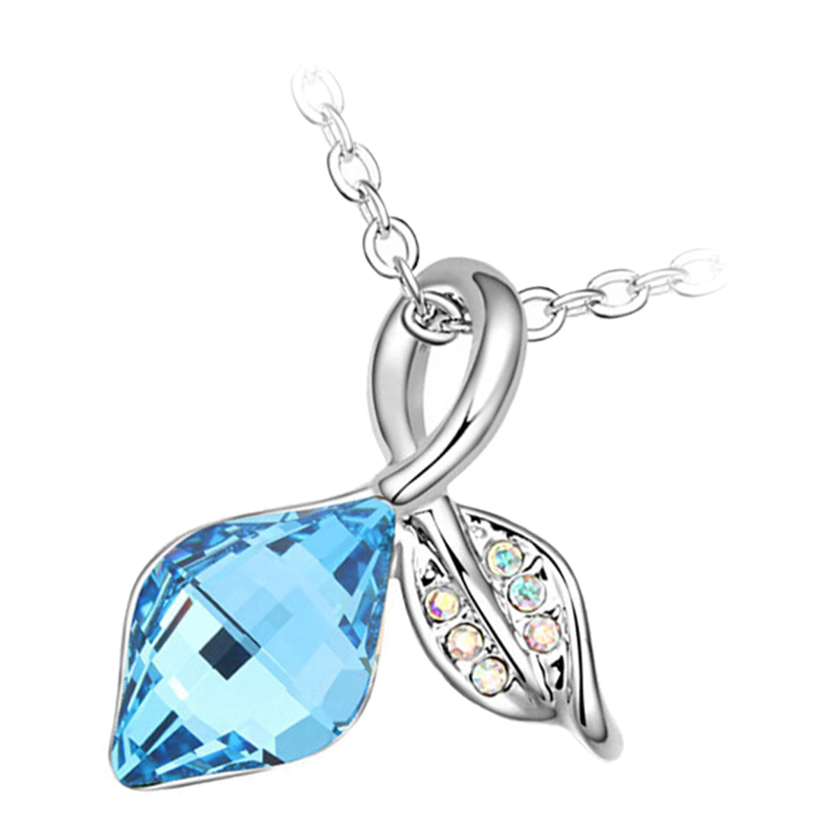 18K White Gold Coated Leaf Necklace with Crystal