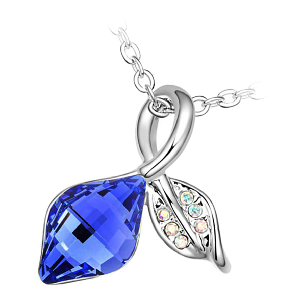 18K White Gold Coated Leaf Necklace with Crystal