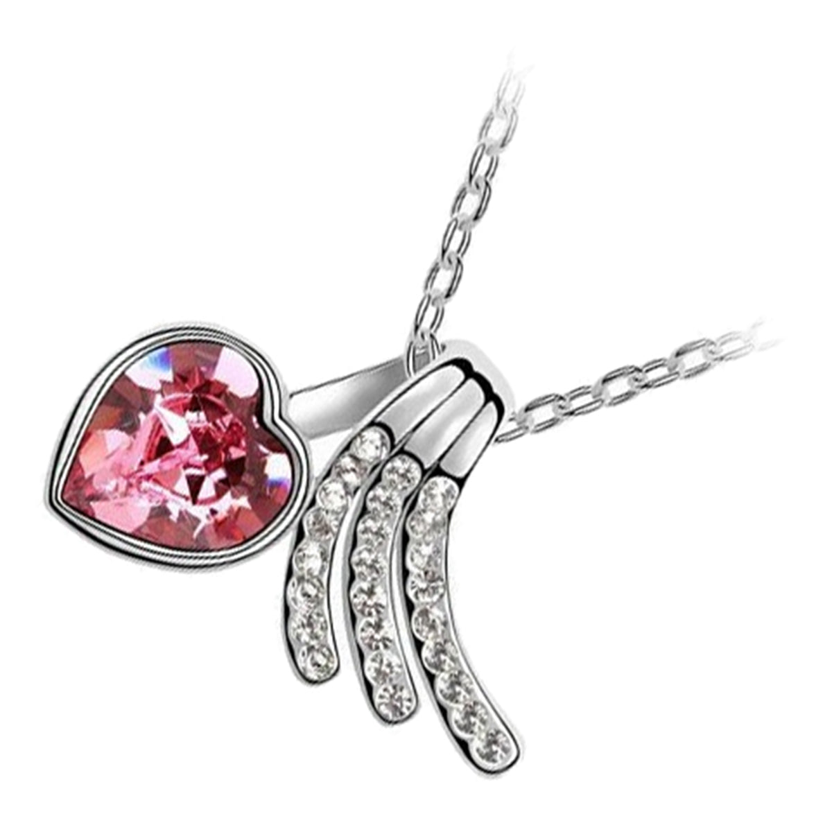 18K White Gold Coated Angel Wings Necklace Love Heart Crystal