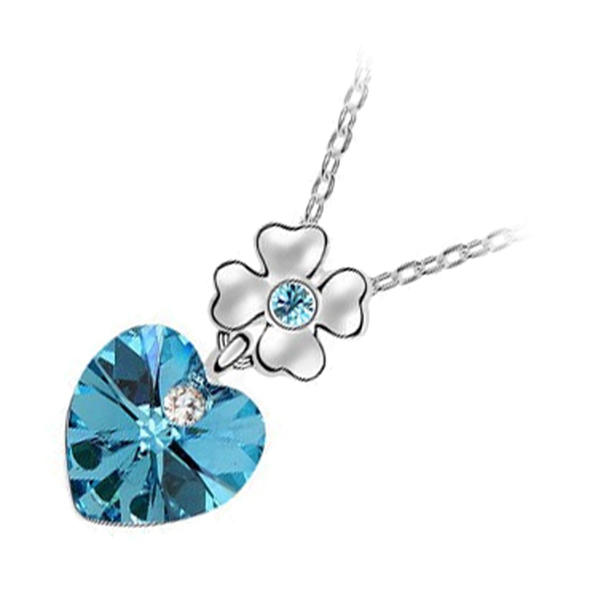 18K White Gold Coated Heart Shaped Stone Necklace with Flower Element and Crystal