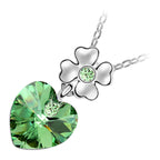 18K White Gold Coated Heart Shaped Stone Necklace with Flower Element and Crystal - Green