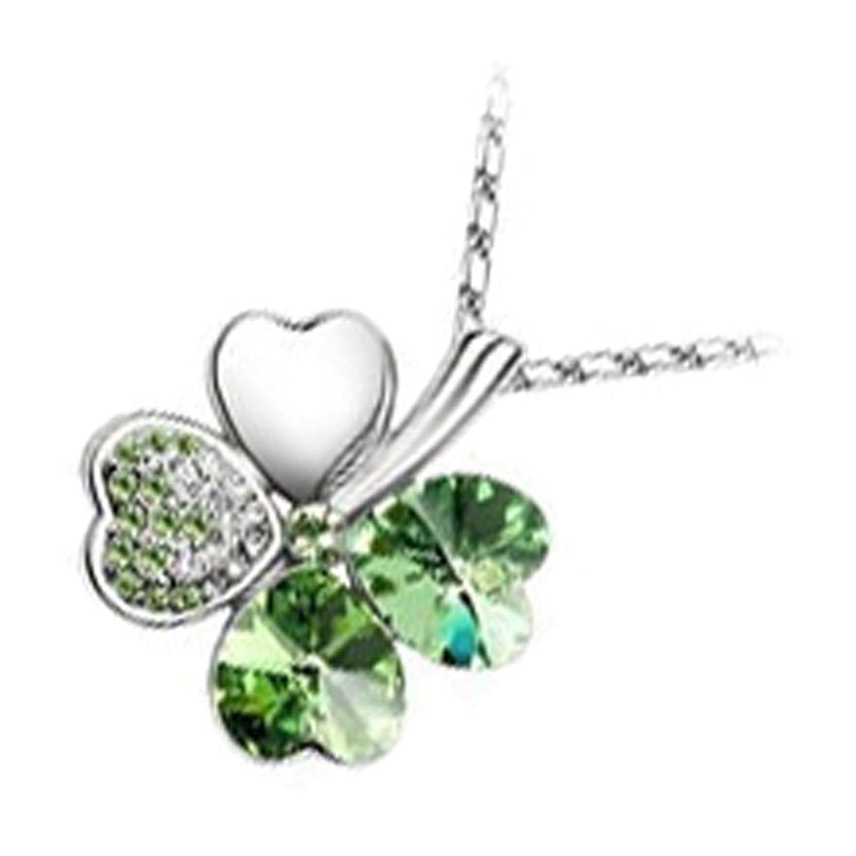 18K White Gold Coated Spiral Pendant Necklace with 4 Heart Shaped Leaves Clover with Stones