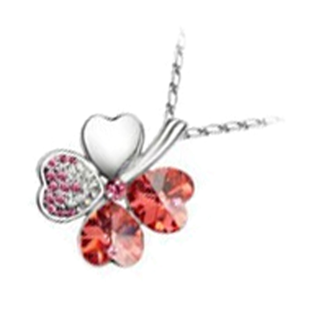 18K White Gold Coated Spiral Pendant Necklace with 4 Heart Shaped Leaves Clover with Stones
