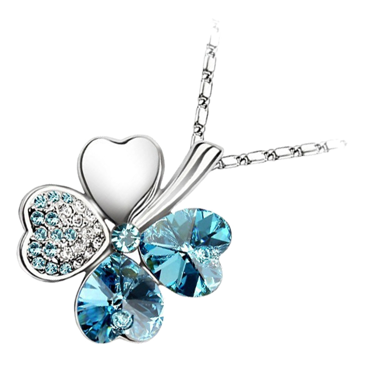 18K White Gold Coated Spiral Pendant Necklace with 4 Heart Shaped Leaves Clover with Stones