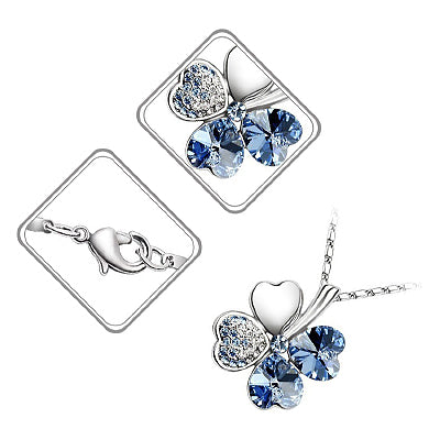 18K White Gold Coated Spiral Pendant Necklace with 4 Heart Shaped Leaves Clover with Stones