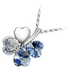18K White Gold Coated Spiral Pendant Necklace with 4 Heart Shaped Leaves Clover with Stones