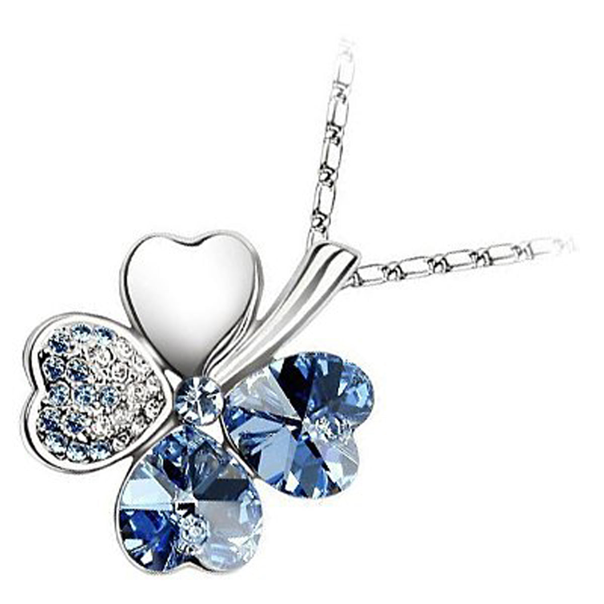 18K White Gold Coated Spiral Pendant Necklace with 4 Heart Shaped Leaves Clover with Stones
