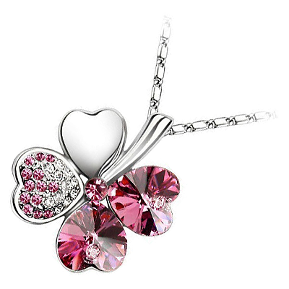 18K White Gold Coated Spiral Pendant Necklace with 4 Heart Shaped Leaves Clover with Stones