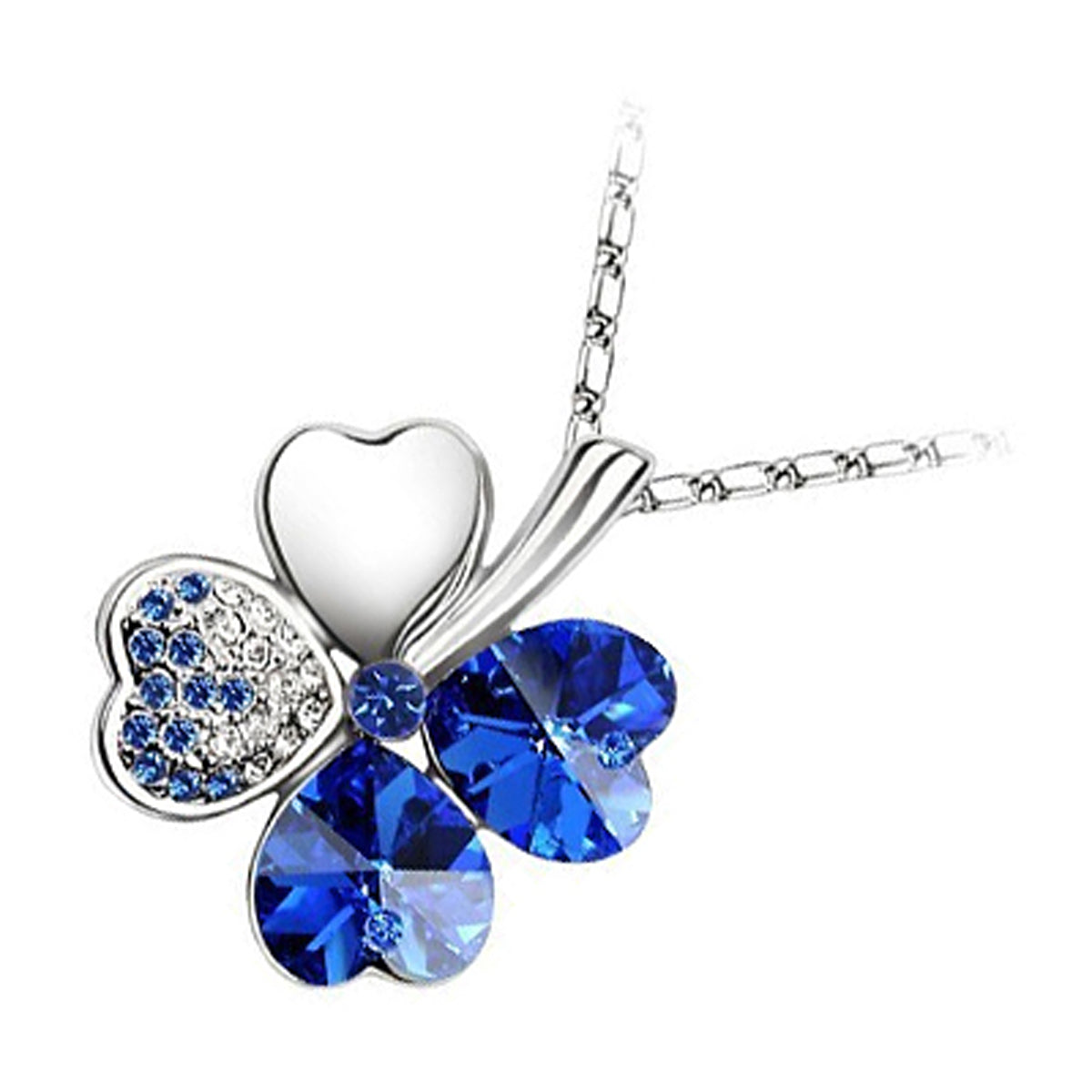18K White Gold Coated Spiral Pendant Necklace with 4 Heart Shaped Leaves Clover with Stones