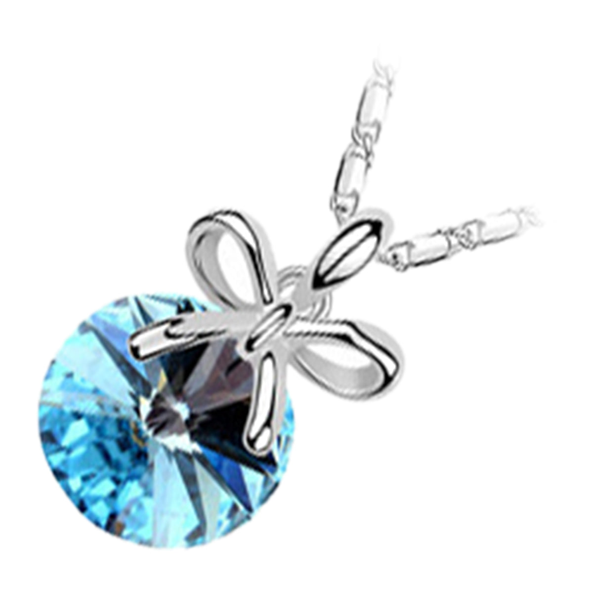 18K White Gold Coated Pendant Necklace with Round Stone and Bowknot Above It