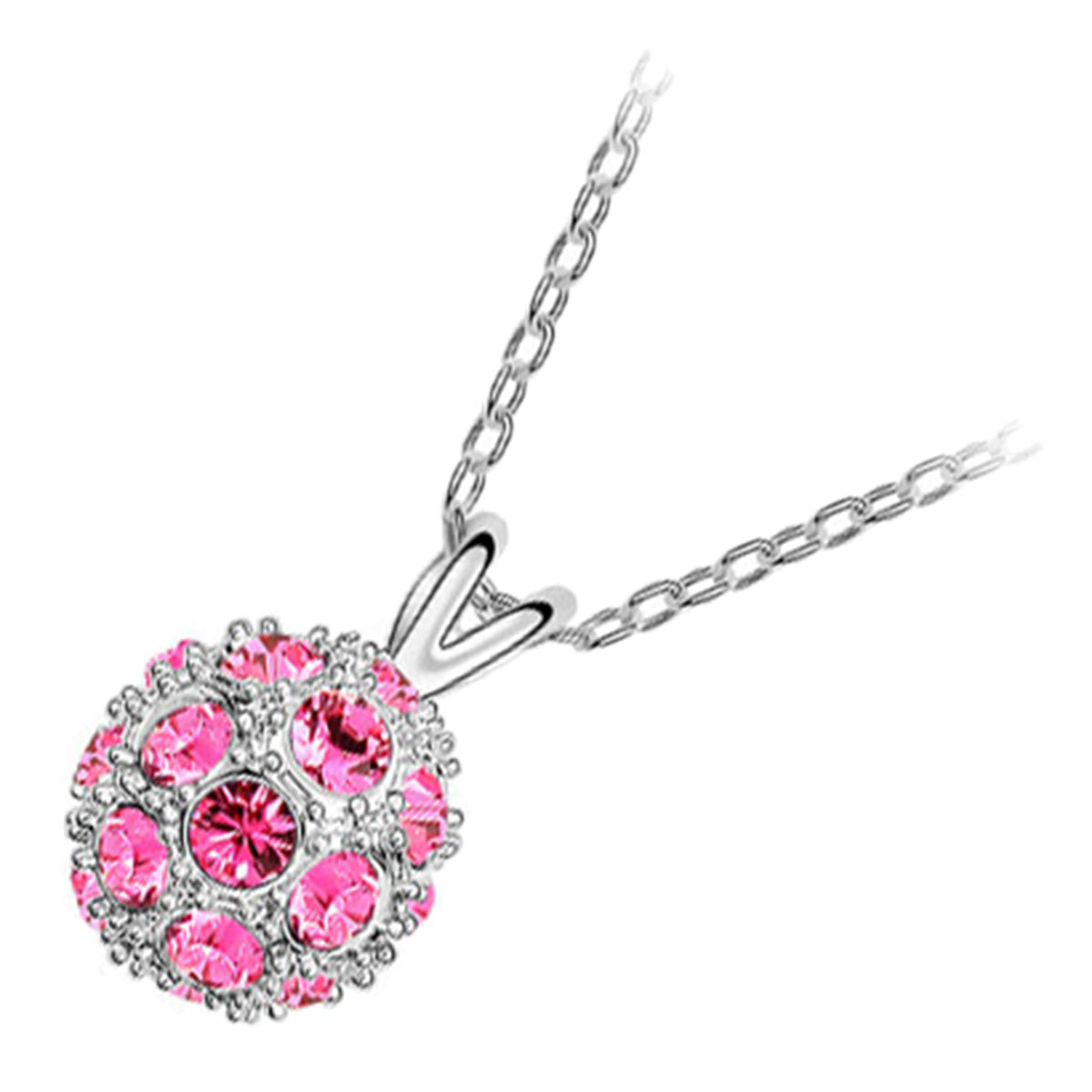18K White Gold Coated Pendant Necklace Ball Design Covered by Crystals