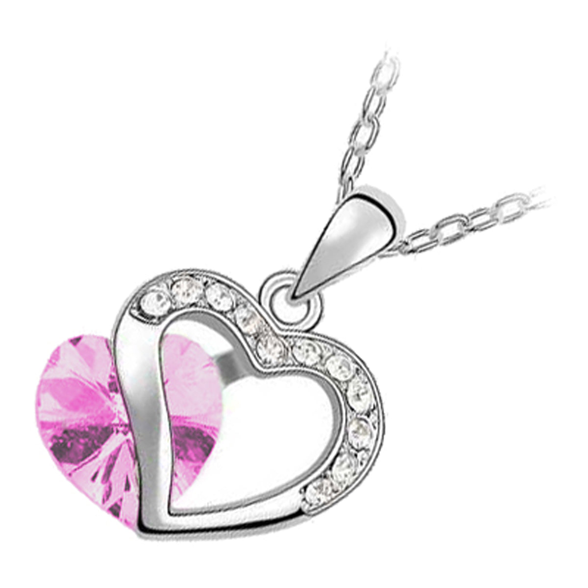 18K White Gold Coated Pendant Necklace with Heart and Clear Crystal Elements