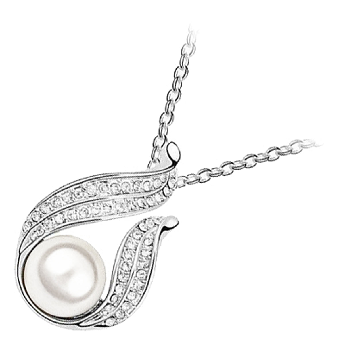 18K White Gold Coated Pendant Necklace with Faux Freshwater Pearl Wrapped in Crystal Elements