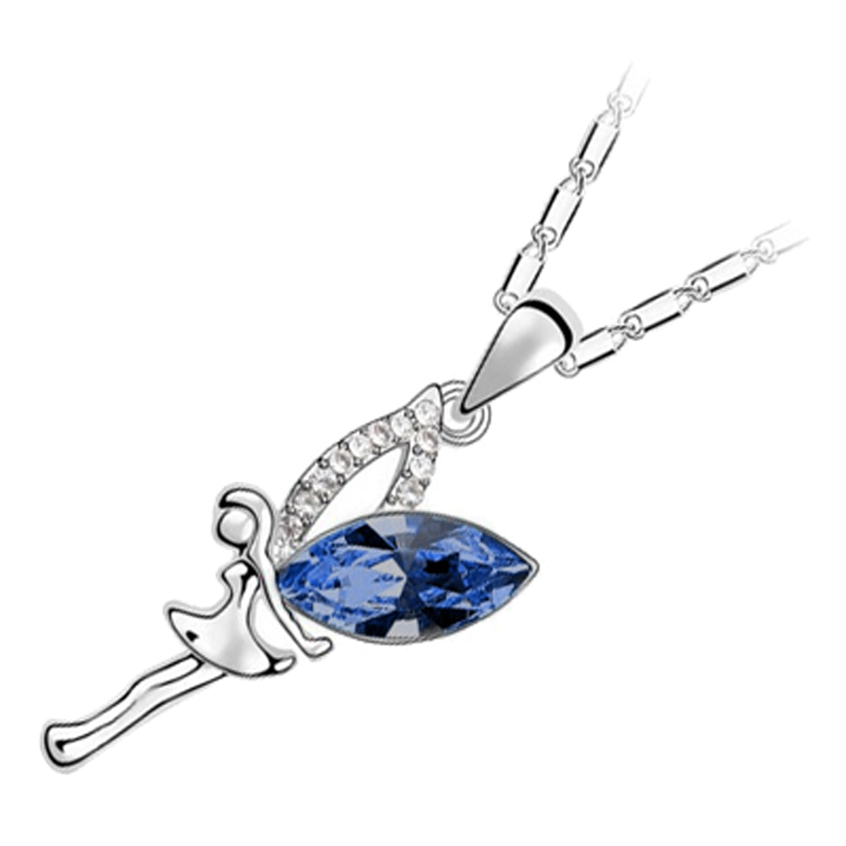 18K White Gold Coated Fashion Pendant Necklace with Angel Wings and Crystal