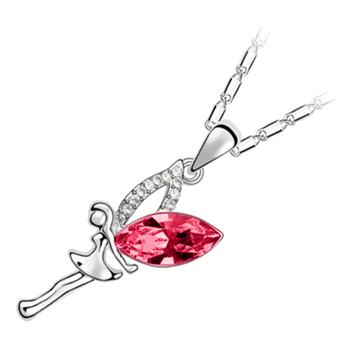 18K White Gold Coated Fashion Pendant Necklace with Angel Wings and Crystal