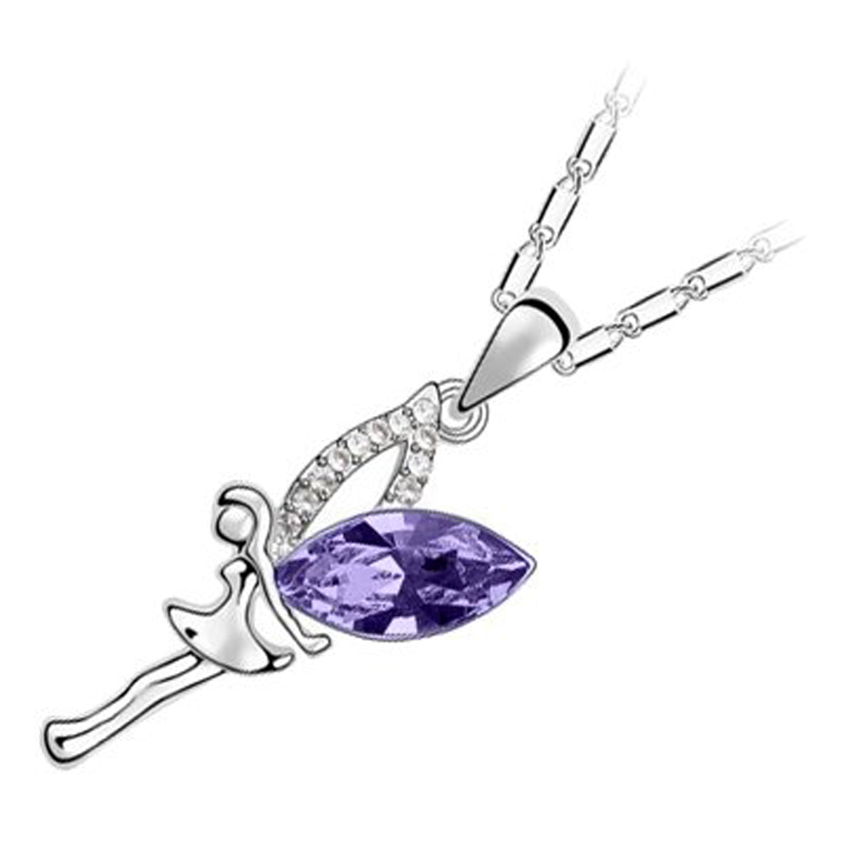 18K White Gold Coated Fashion Pendant Necklace with Angel Wings and Crystal