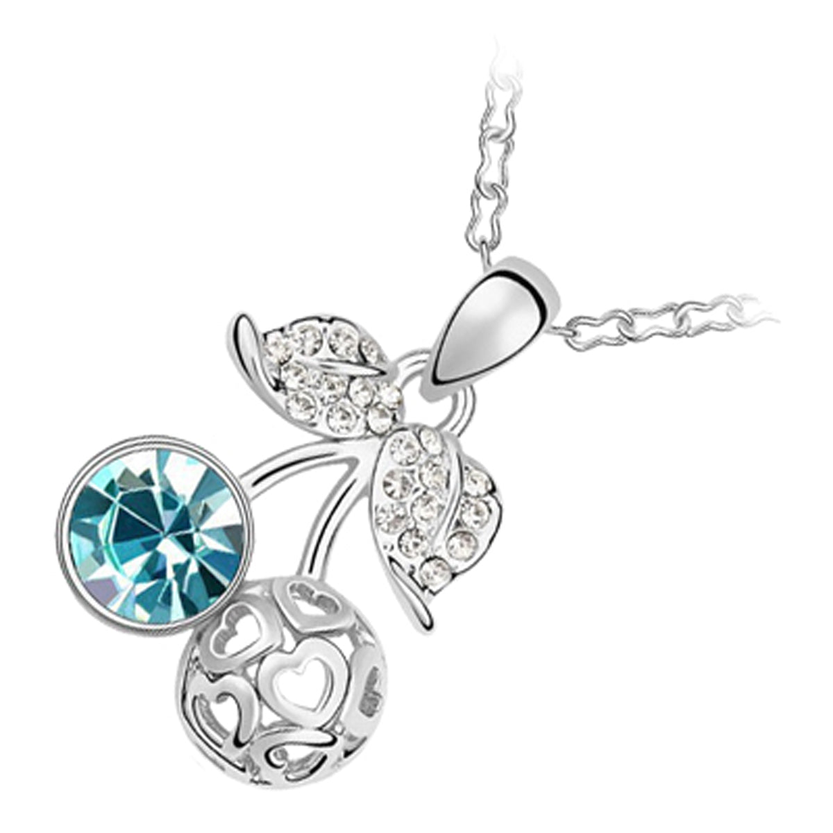 18K White Gold Coated Cherry and Heart Pendant Necklace with Clear Crystal Leaves