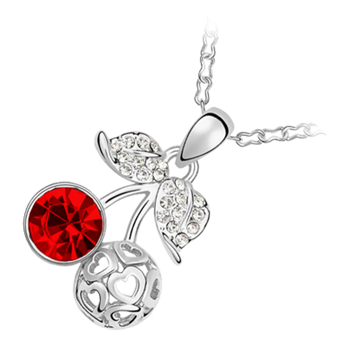 18K White Gold Coated Cherry and Heart Pendant Necklace with Clear Crystal Leaves