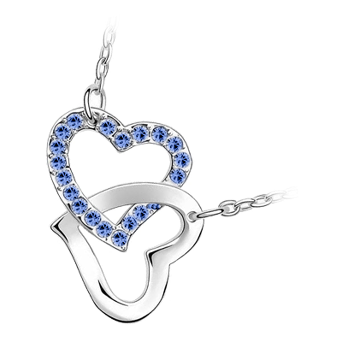 18K White Gold Coated Pendant Necklace with Intertwined Love Hearts and Pave Set Crystal Elements