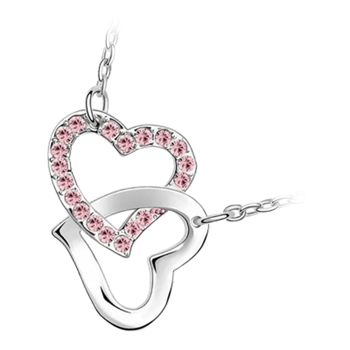 18K White Gold Coated Pendant Necklace with Intertwined Love Hearts and Pave Set Crystal Elements