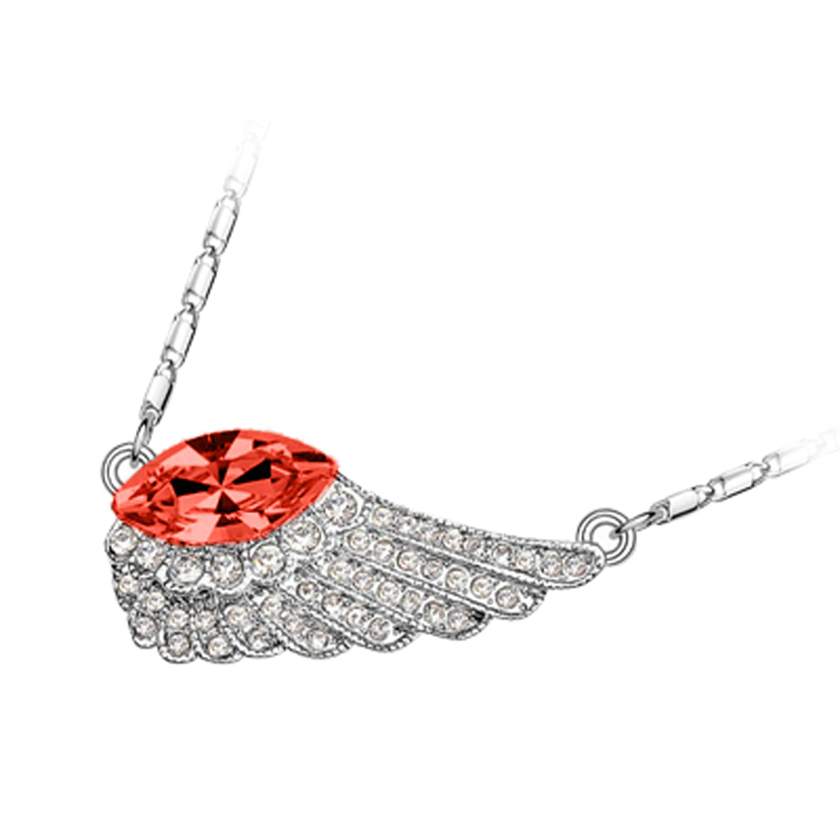 18K White Gold Coated, Coloured Angel Wing Adorned with Multiple Clear Pave Set Crystal Elements, Fashion Pendant Necklace, 33mm X 23mm