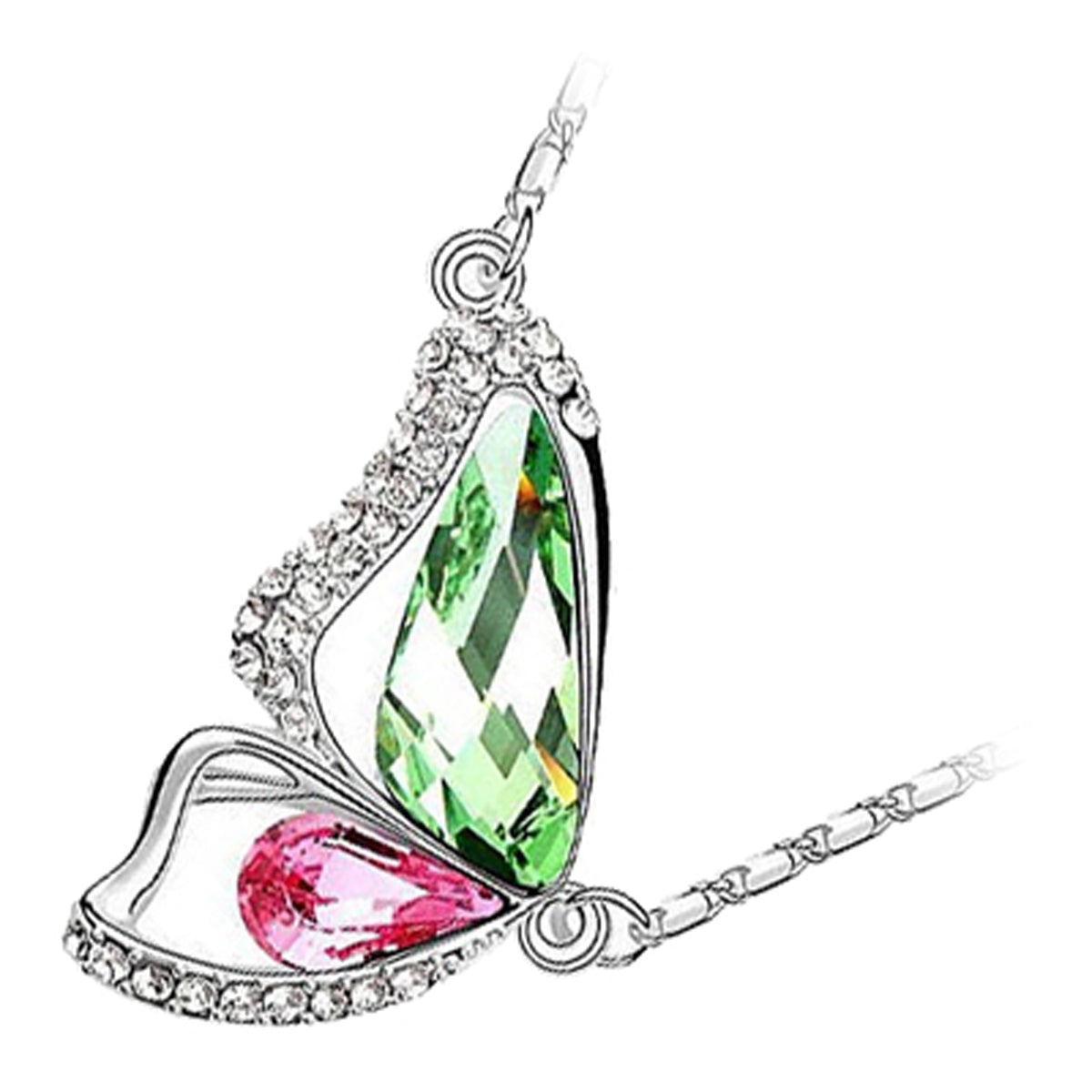 18K White Gold Coated Pendant Necklace with Butterfly Wings and Pave Set Clear Crystals