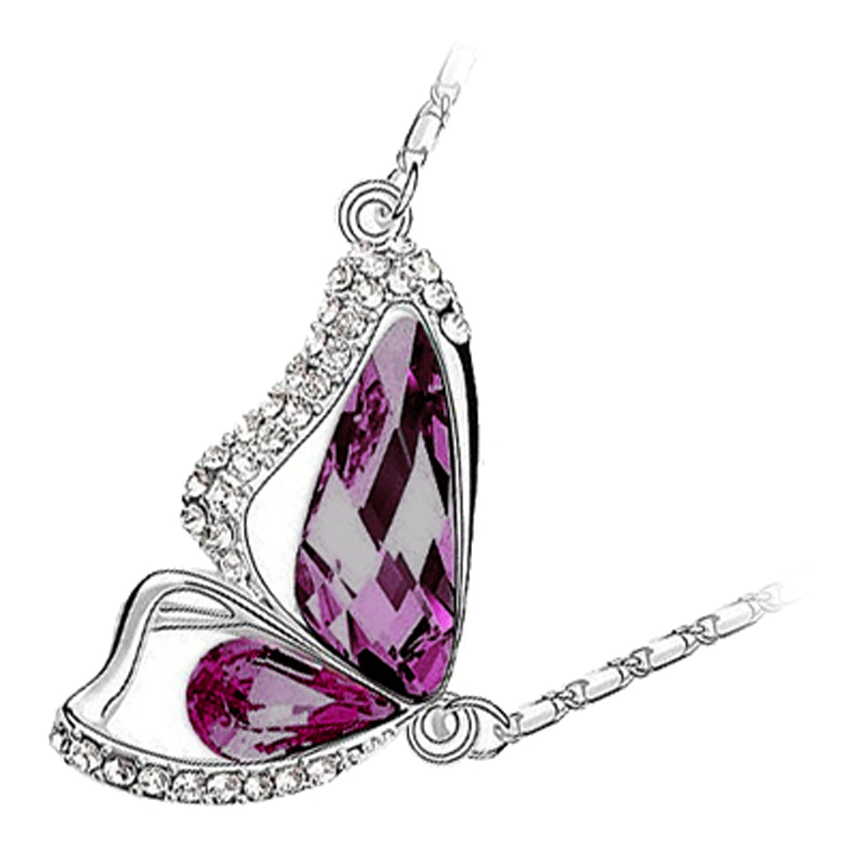 18K White Gold Coated Pendant Necklace with Butterfly Wings and Pave Set Clear Crystals